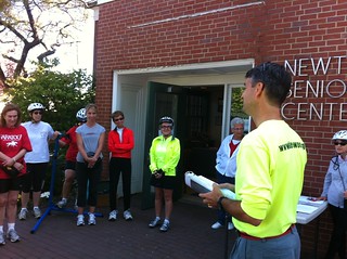 Steve Heinrichs of Bike Newton giving safety instruction before a Senior Ride in 2011