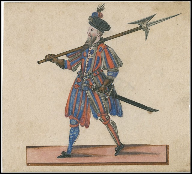 uniformed walking Jacobean sentry or soldier, pike-axe on shoulder, sword in belt