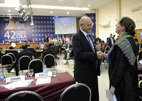 Hecho Histórico: Canciller argentino, Héctor Timerman, y Representante británica para las Américas, Fiona Clouder, se dan la mano en Asamblea General de la OEA en Cochabamba