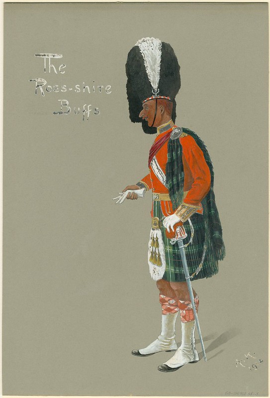 scottish kilt-wearing soldier with tall bearskin headwear - comic drawing