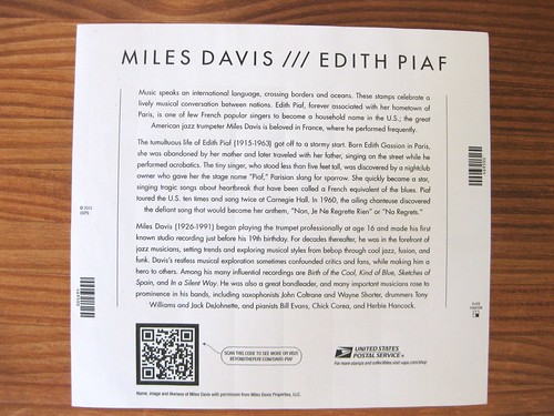 New Miles Davis/Edith Piaf stamp sheet, back