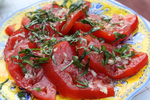 Heirloom Tomatoes with Basil, Garlic, Salt, Pepper, and Olive Oil
