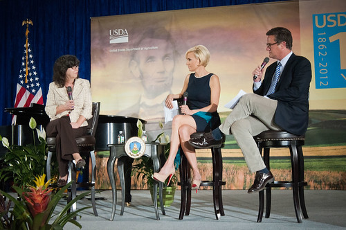 From left: Jessica Shahin, Associate Administrator, Supplemental Nutrition Assistance Program (SNAP), Mika Brzezinski and Former Congressman Joe Scarborough (R-Fla.) hosts of MSNBC’s “Morning Joe and Masters of Ceremony  listen to Shahin explain the emergency food assistance provided to survivors of Hurricane Katrina at the United States Department of Agriculture's 150th Anniversary celebration in Washington, D.C., on Tuesday, May 15, 2012. USDA photo by Bob Nichols.