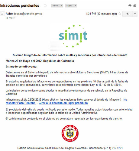 Intento phishing SIMIT fotomultas Colombia 