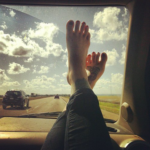 Feet on the dashboard, loving life.