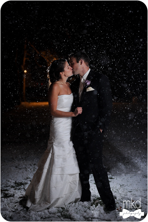 Bride & Groom kissing in the Snow