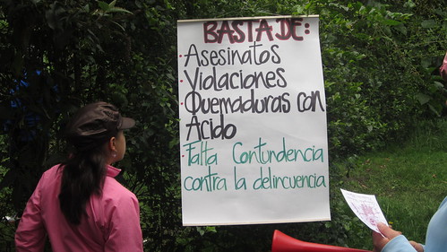 Le texte espagnol sur cette bannière signifie: 'Assez de meurtres, viols, brûlures d'acide. Il faut de la sévérité contre le crime'