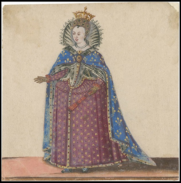 Crowned queen or royal with ceremonial costume and cape 1600s