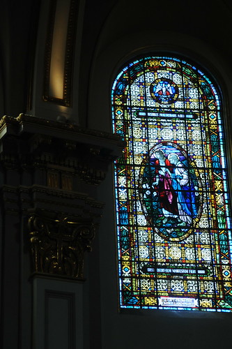 "dedit eum manifestum fieri", from Acts 10:40; "but God raised him from the dead on the third day and caused him to be seen", stained glass window, St. James Cathedral, First Hill, Seattle, Washington, USA by Wonderlane