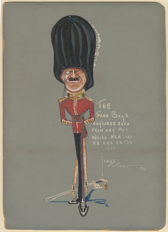 caricature watercolour sketch of absurdly exaggerated monocled soldier in red tunic and tall beefeater hat
