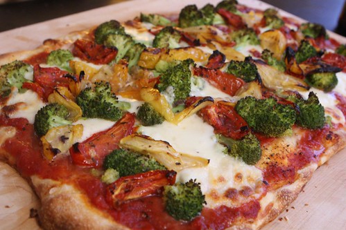 Broccoli Pizza with Roasted Yellow and Red Tomatoes and Mozzarella
