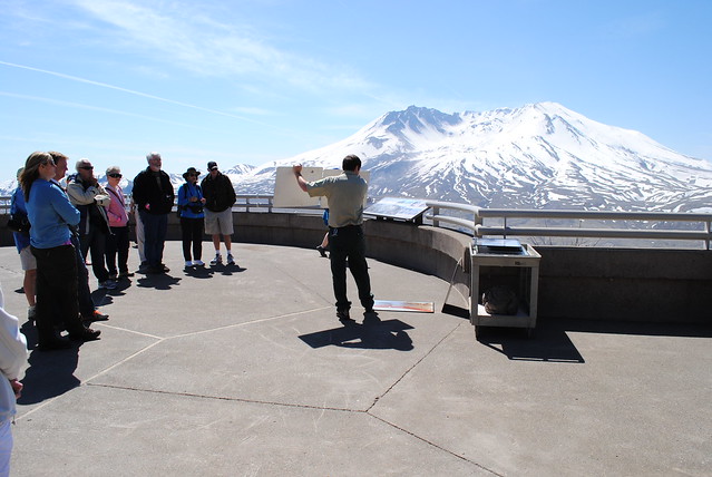 Ranger giving a scientific presentation on the eruption of Mt St Helens