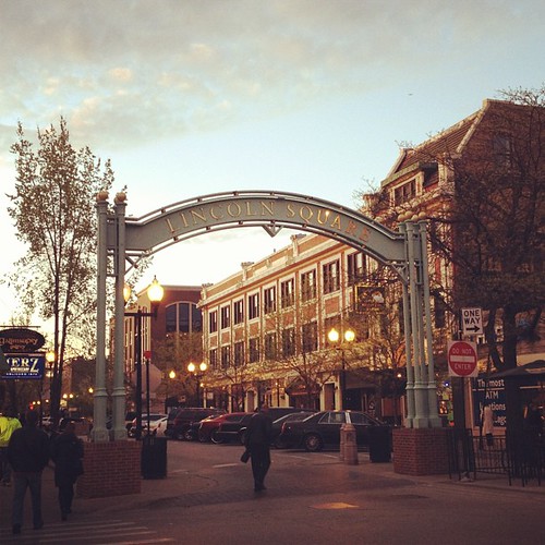 Sun setting on the Lincoln Square arches