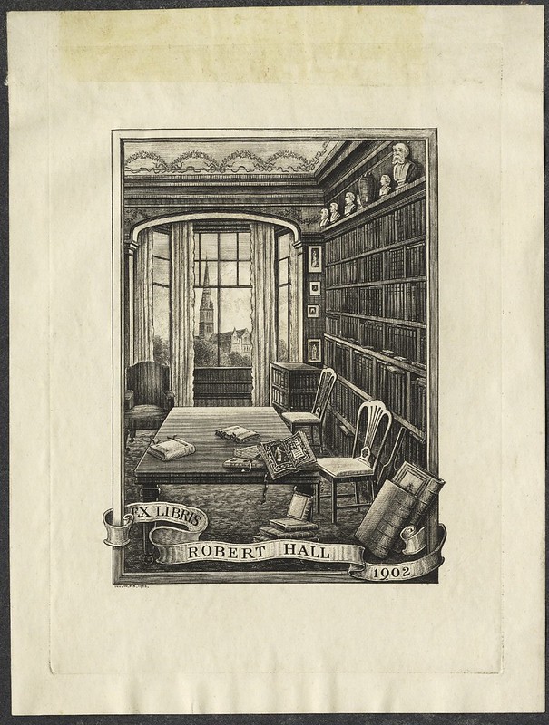 engraving of home library scene with bookshelf, table, window - bookplate