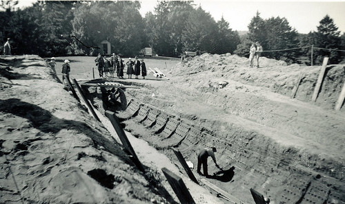 Excavation of an Anglo-Saxon ship burial. Sutton Hoo, Suffolk. 1939.