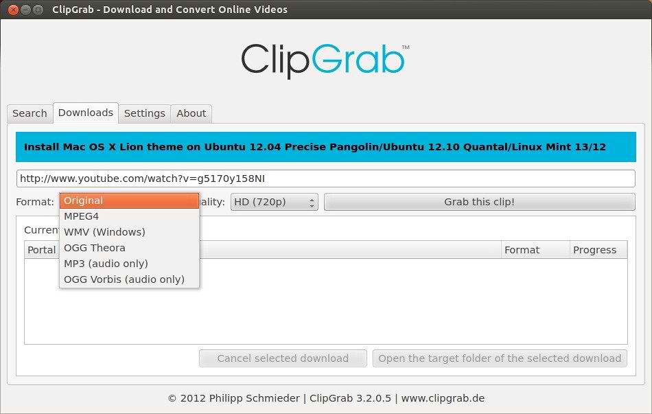 ClipGrab can download from the following sites: YouTube, Clipfish