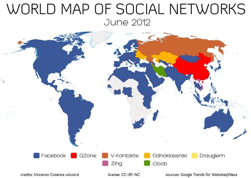 Peta penggunaan situs jejaring sosial di dunia - Juni 2012