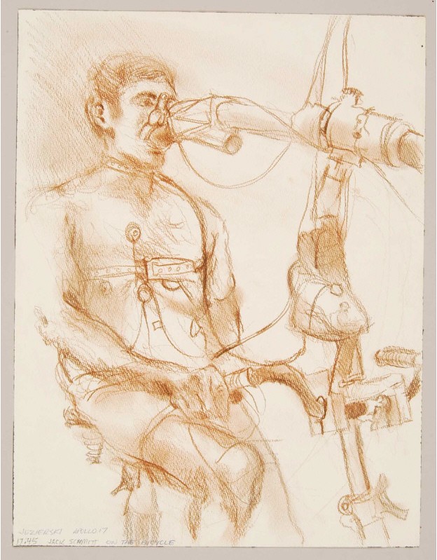 sketch of astronaut-in-training on bicycle with breathing analyser