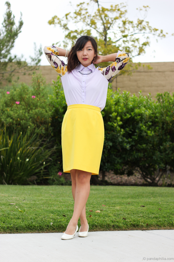 lilac top yellow skirt