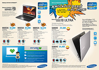 Samsung's PC Show 2012 promotions for notebooks, ultrabooks, digital cameras, monitors, Smart TVs, and printers.
