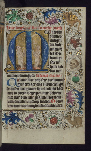 Illuminated Manuscript, Book of Hours in Dutch, Initial M with two souls praying in purgatory, Walters Manuscript W.918, fol. 150r by Walters Art Museum Illuminated Manuscripts