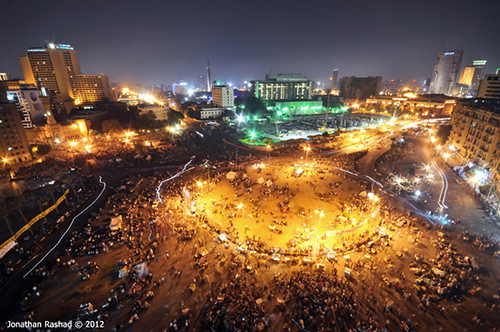 Tahrir Square at night.