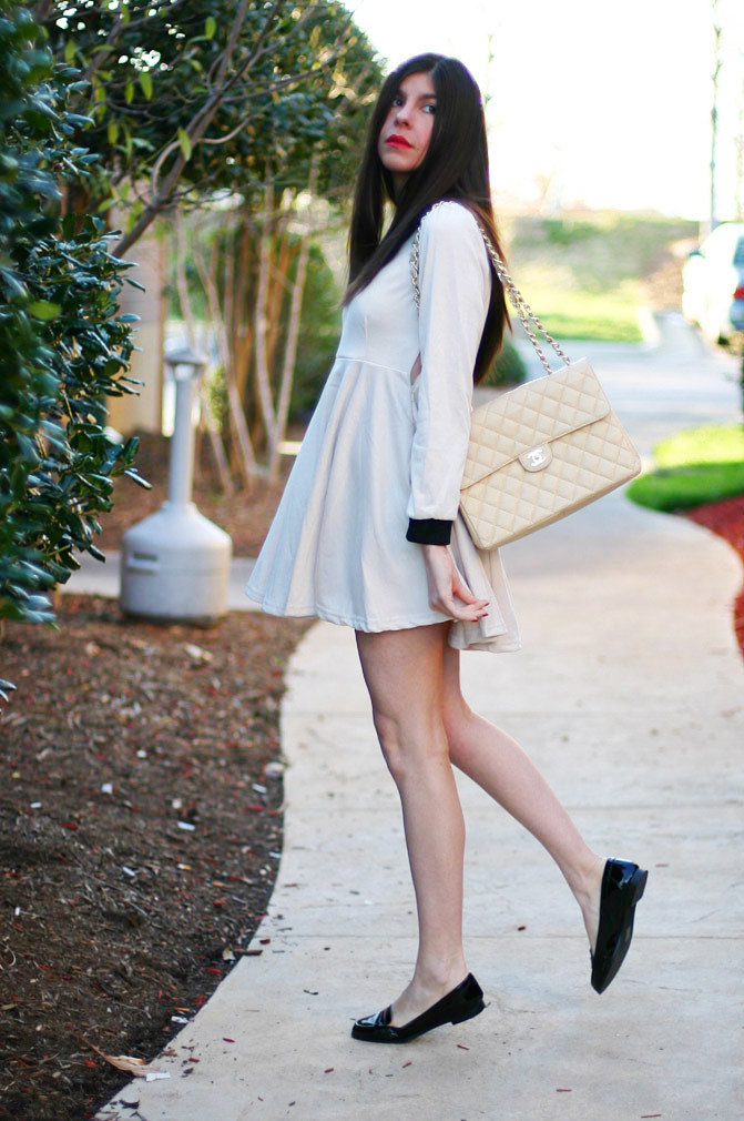 Peter Pan Collar dress, Chanel Maxi Flap Caviar bag, Fashion, Outfit, Patent Penny Loafers