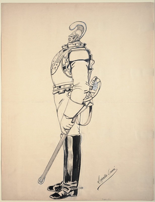 ink sketch caricature of French cavalry soldier with undersized head