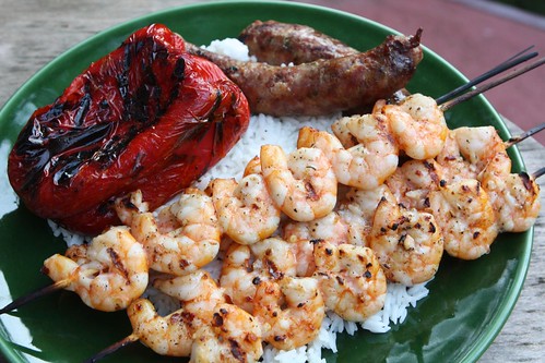 Grilled Garlic Herb Sausage, Garlic Marinated Shrimp Skewers, and Red Pepper with Rice