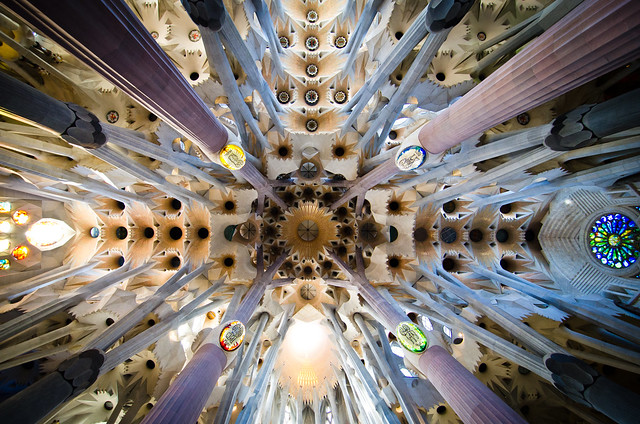 Marvel at the magnificent ceiling of Gaudi's La Sagrada Familia.