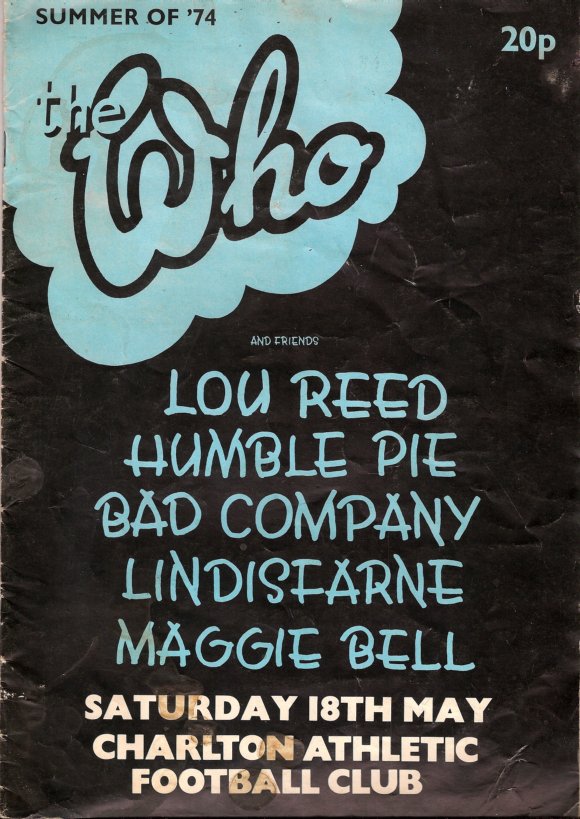 Front cover, programme for music all-dayer headlined by The Who at Charlton FC, south-east London, 1974.