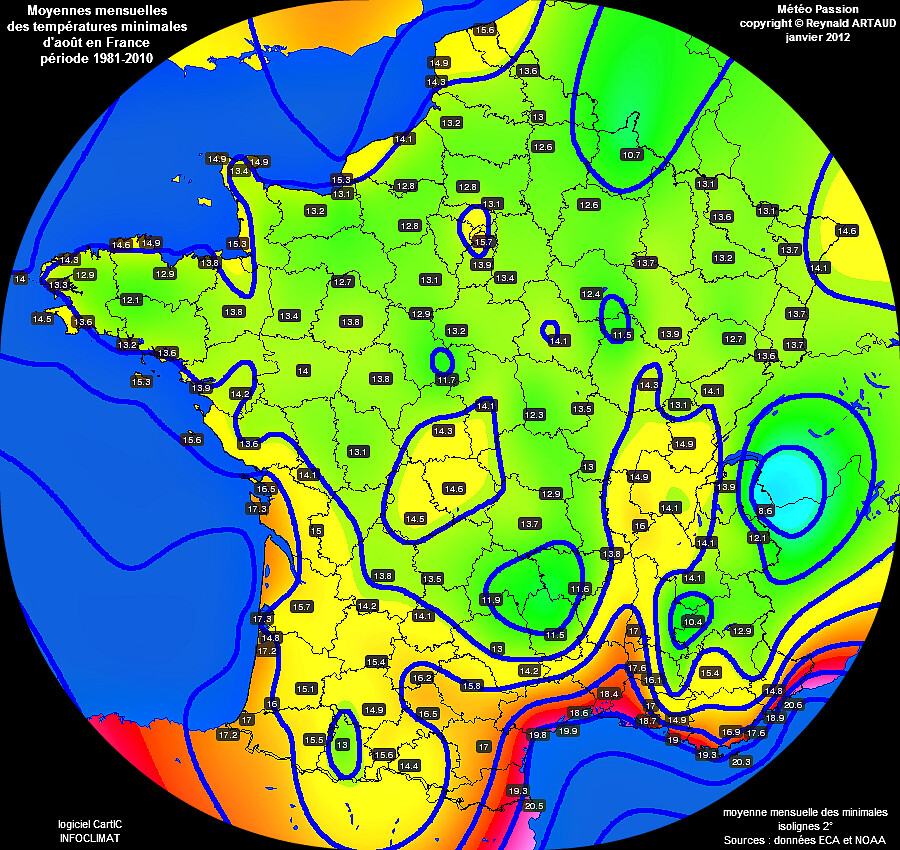 Moyennes mensuelles des températures minimales pour le mois d'août en France sur la période 1981-2010