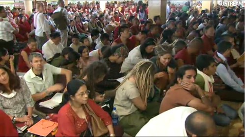 Dreads and western students, India, and Tibetan students, His Holiness the Great 14th Dalai Lama, teaching live over the Internet Introductory Buddhist Teachings, Tibetan Temple, Dharamsala, India by Wonderlane