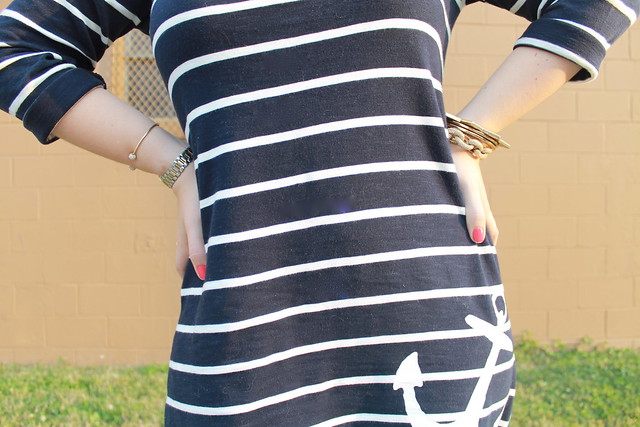 Sailor, sailor outfit: J. Crew "Maritime Anchor Dress" with zipper detail, bulldog brooch, gladiator sandals, pearls, J. Crew "Pavé cable link bracelet", signet ring, various jewelry