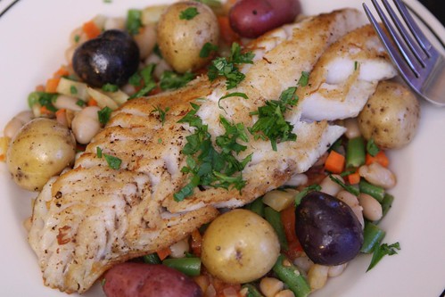 Rockfish with White Beans, Vegetables, and Boiled Baby Potatoes