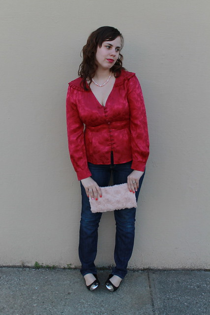 Magenta outfit: Marc by Marc Jacobs Edwardian-inspired silk blouse, Gap straight-leg jeans, Topshop metal-capped leather ballet flats, pearls, rosette clutch