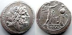 98/A1b Luceria LT Victoriatus. Italic civic mint. Jupiter large head; Victory, LT monogram, trophy / ROMA. AM#1206-31, 3g07