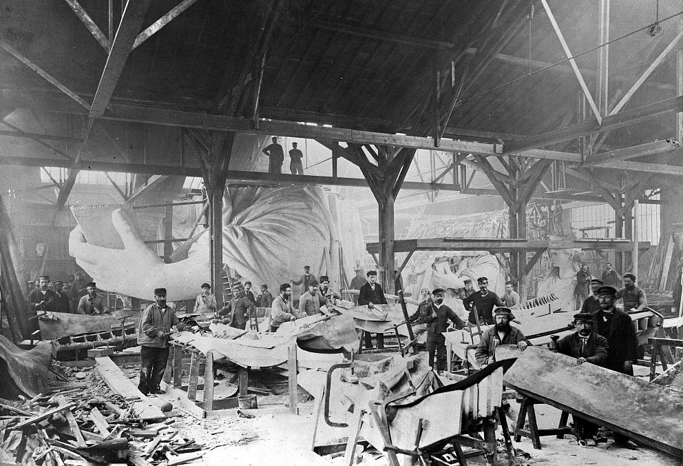 Workmen constructing the Statue of Liberty in Bartholdi's Parisian warehouse, 1882