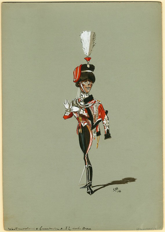 humorous sketch of absurdly thin, smiling smugly, dandy-soldier in plumed helmet