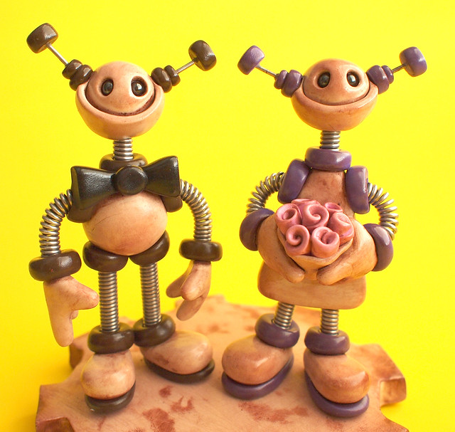 Robot Wedding Cake Topper Rustic Bots in brown and purple