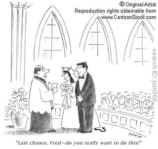 a cartoon of a man marrying a woman with satan horns and a tail. the priest says, last chance Fred--are you sure you want to do this?