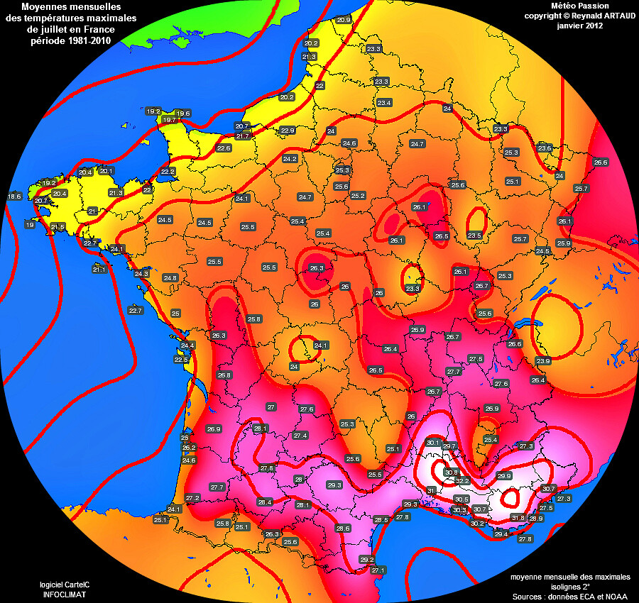 Moyennes mensuelles des températures maximales pour le mois de juillet en France sur la période 1981-2010