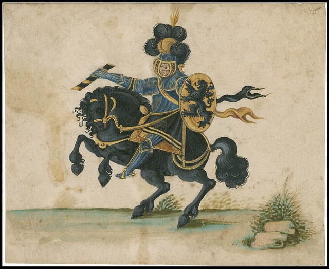 1610 : knight in elaborate regalia on horse up on 2 hind legs