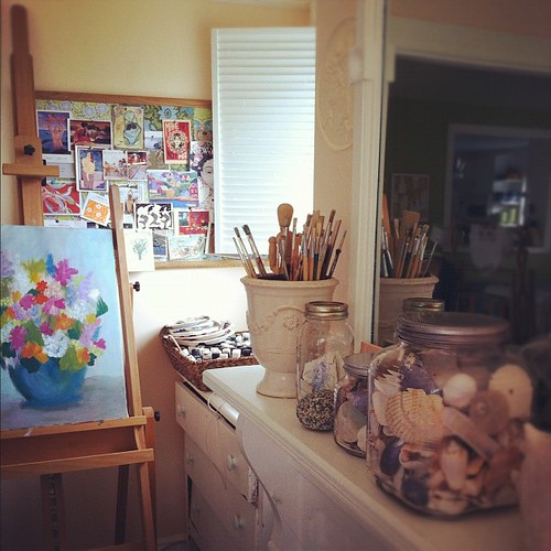 painting corner, family art room #painting #interiors #organizedmess #studio #creativespaces #unschooling #vintage #collections