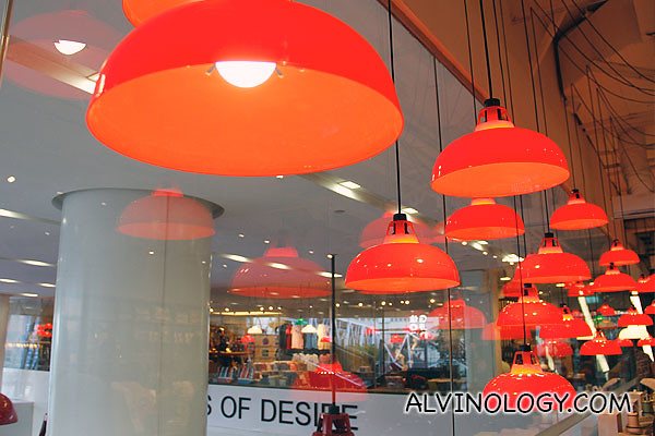 Red lampshades in the store