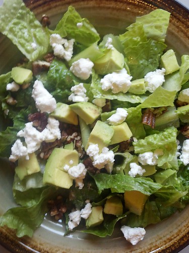 Salad of Romain hearts with goat cheese, spiced pecans and avocado