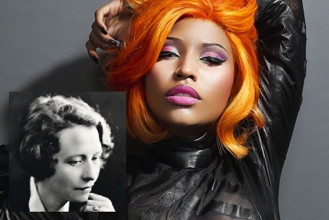 Nicki Minaj with orange hair and a small black and white of Edna St. Vincent Millay