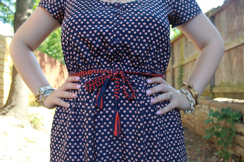 4th of July Outfit: Nautical dress with rope belt from Target, modcloth red and white striped peep-toe shoes, pavé cable bracelet from J.Crew, etc.