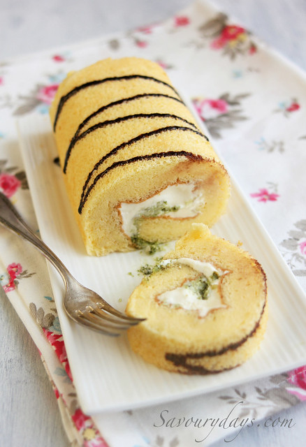 Cake roll with matcha cream filling 