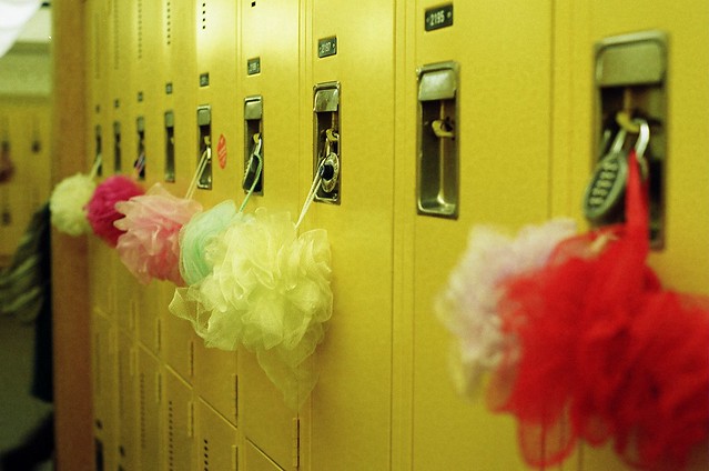 This row of shower pom poms in the girls' locker room at the Athletic Centre